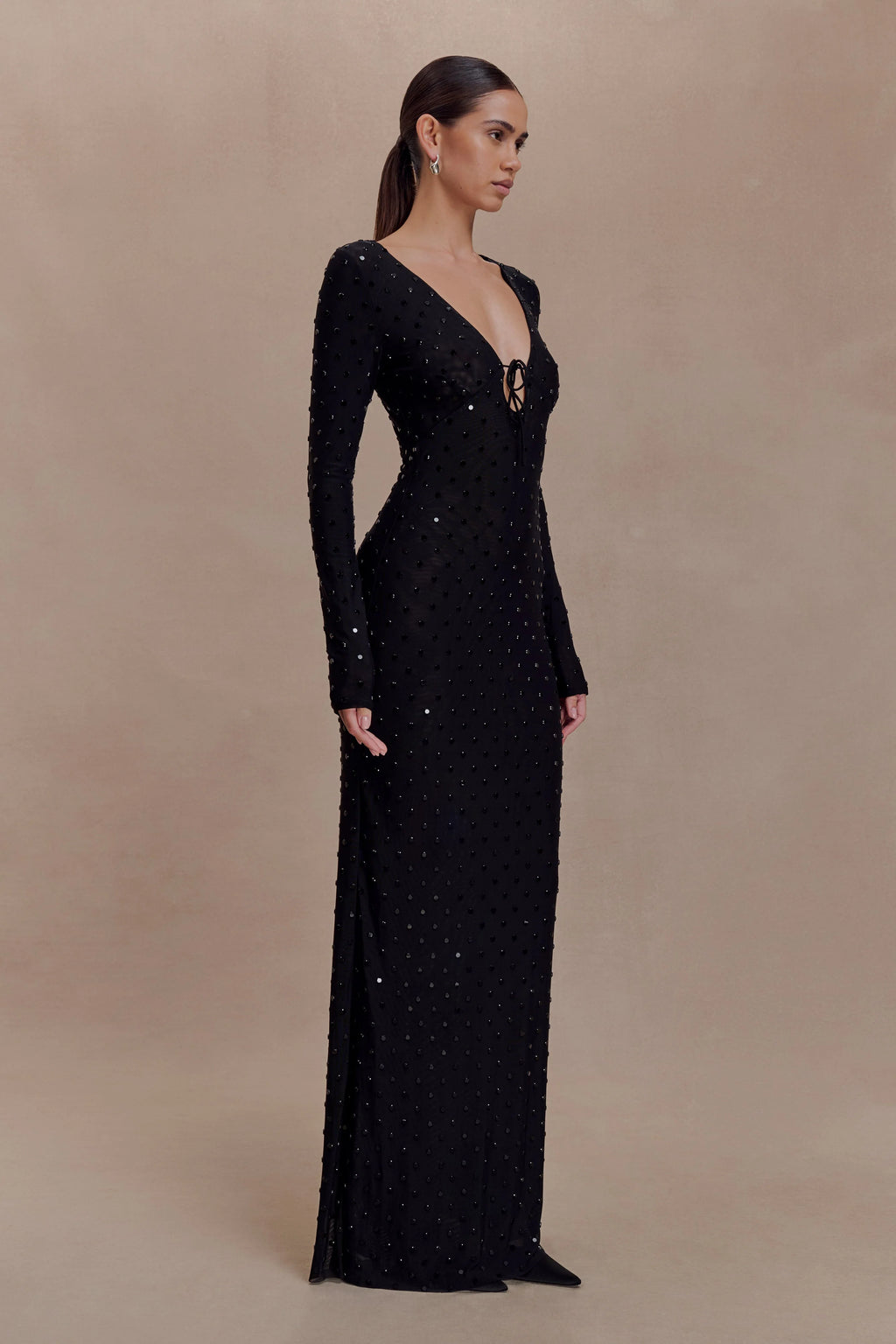 Acadia Diamante Long Sleeve Maxi Dress - Black
