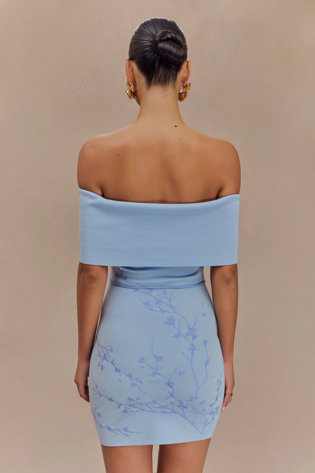 Mallory Off Shoulder Embroidered Knit Mini Dress - Ice Blue