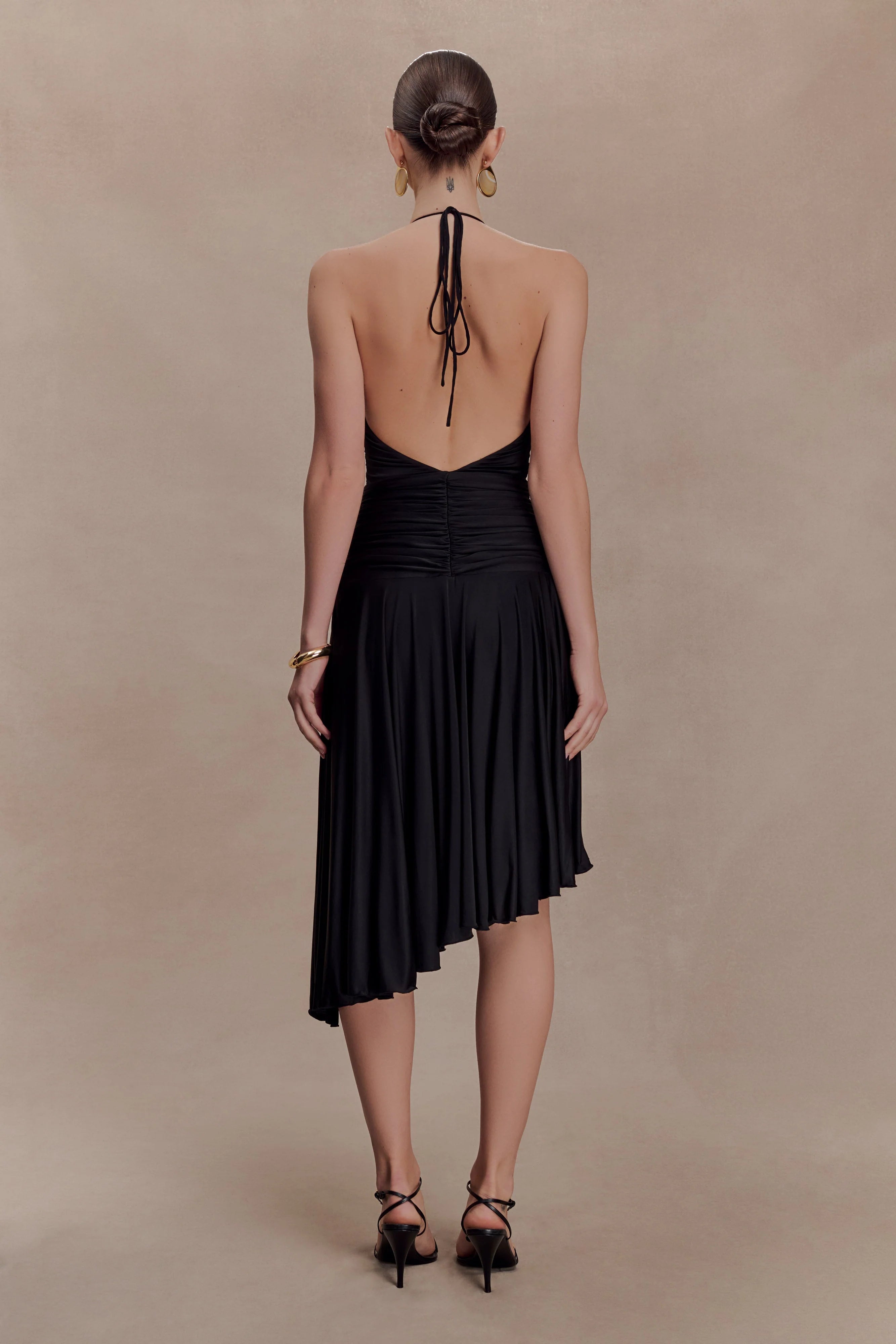 Zelda Asymmetric Slinky Midi Dress - Black