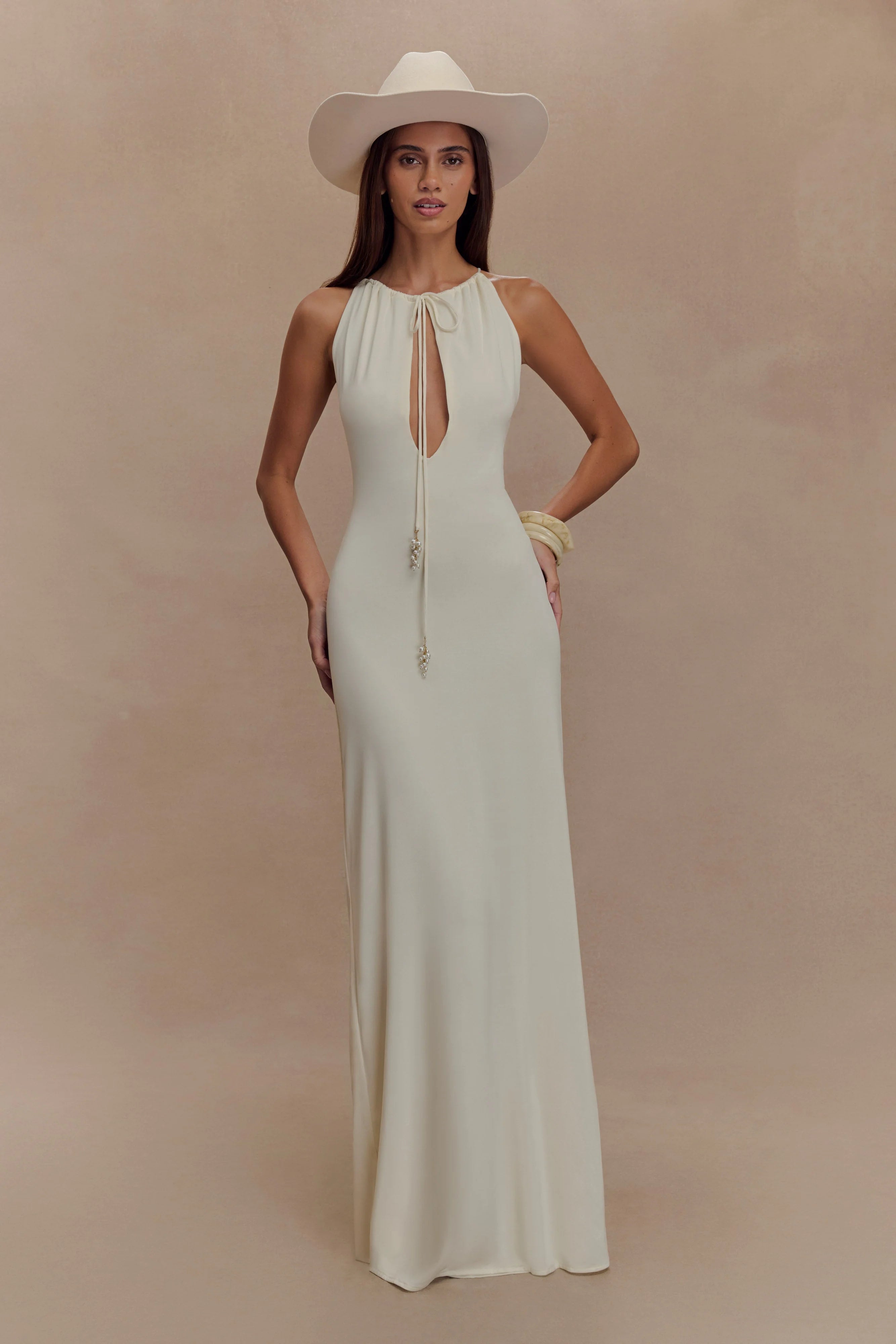 Beryl Slinky Maxi Dress With Pearls - Ivory