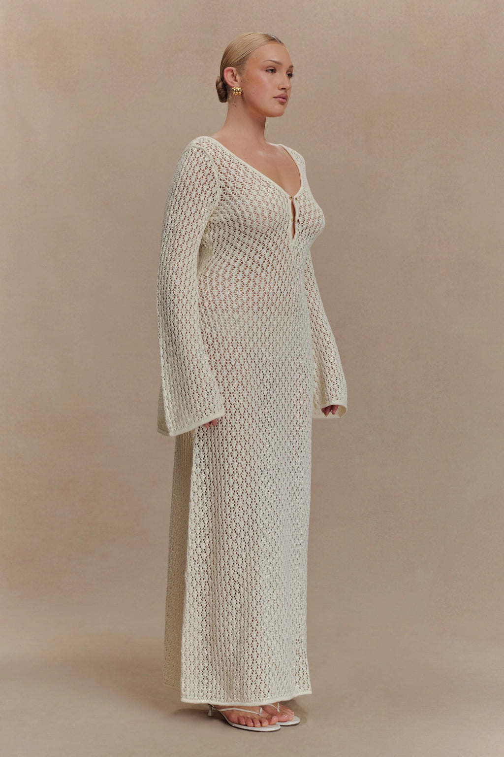 Kayleigh Crochet Fishtail Flare Sleeve Maxi Dress - White