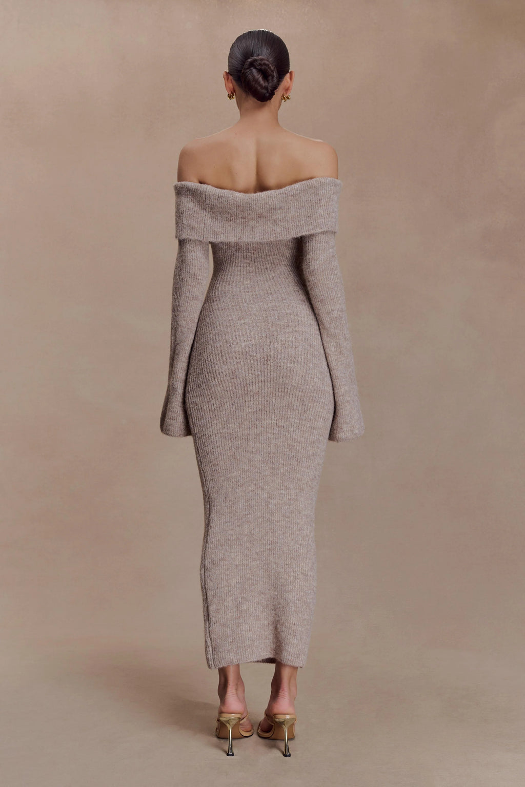 Baxter Off Shoulder Fluffy Knit Midi Dress - Taupe Marle