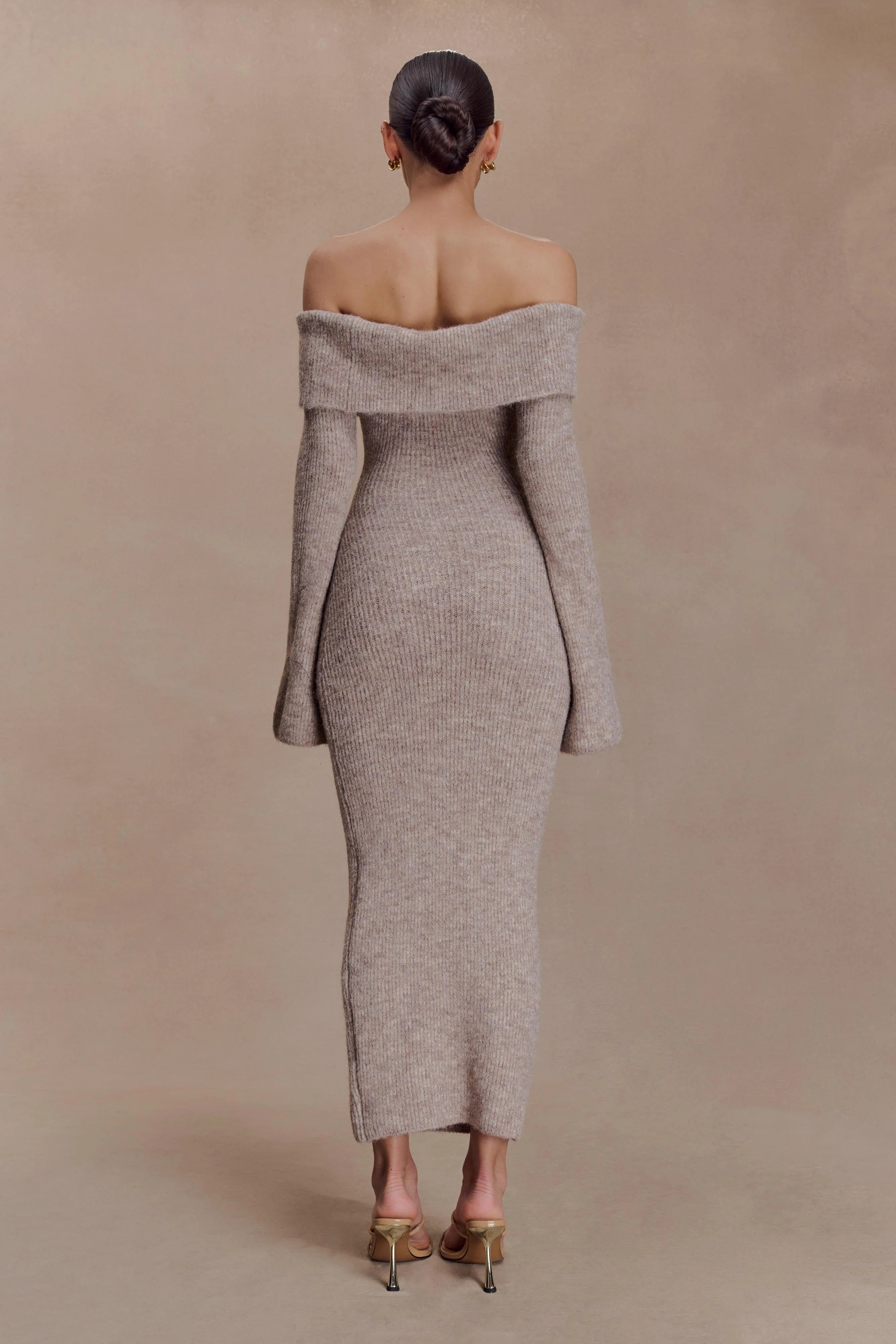 Baxter Off Shoulder Fluffy Knit Midi Dress - Taupe Marle