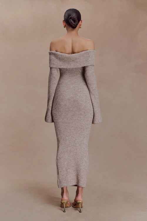 Baxter Off Shoulder Fluffy Knit Midi Dress - Taupe Marle
