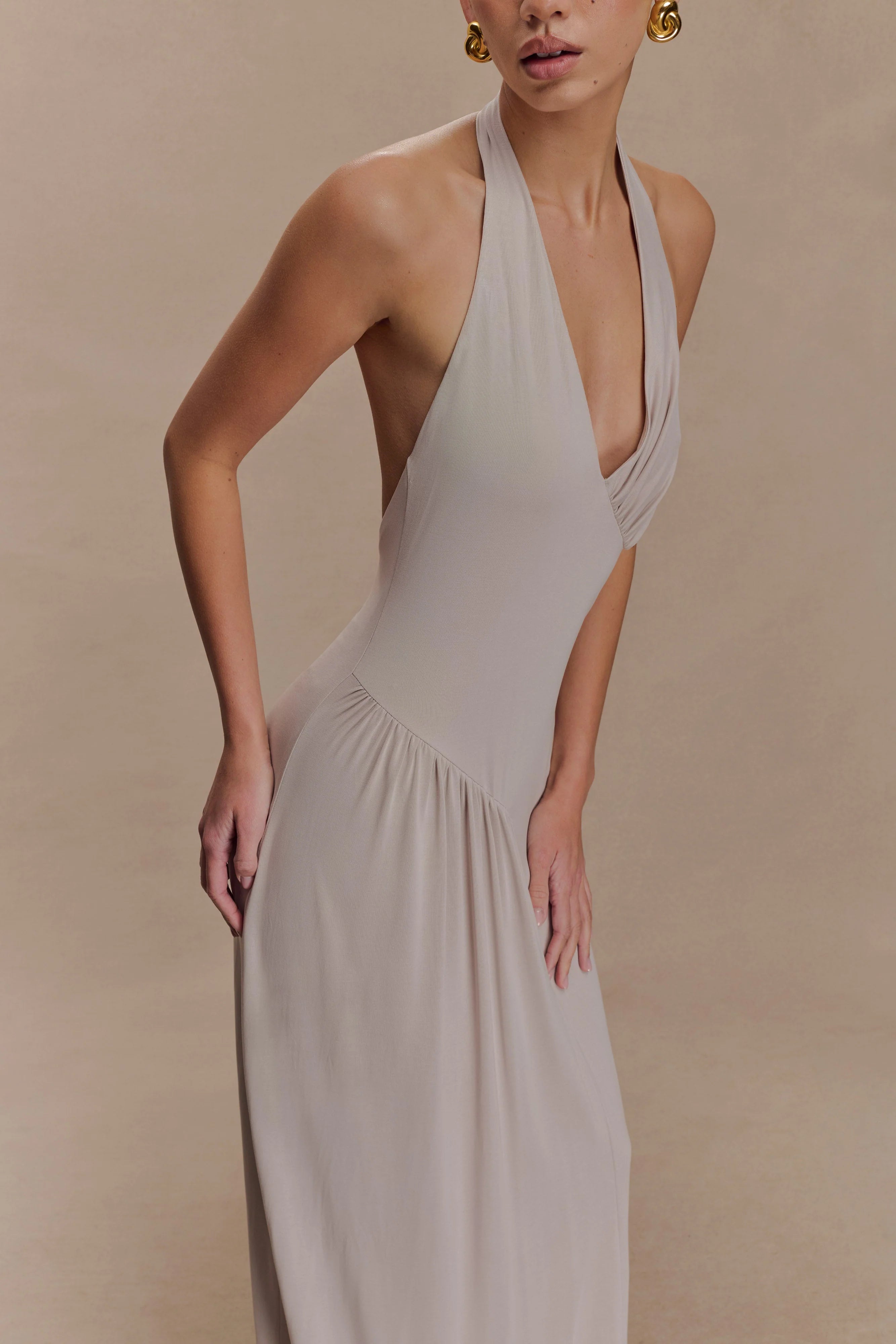 Yelena Ruched Halter Maxi Dress - Taupe