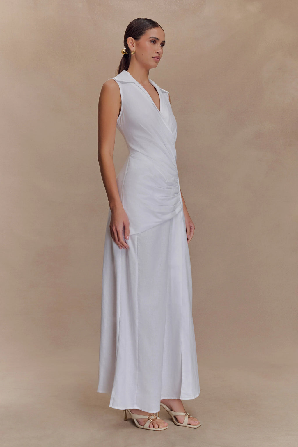 Dante Ruched Linen Midi Dress - White