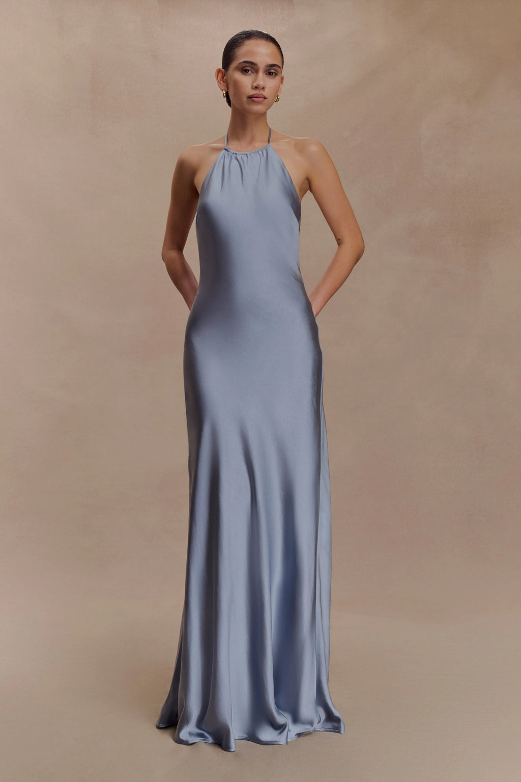 Bella Satin Halter Maxi Dress - Frosted Blue