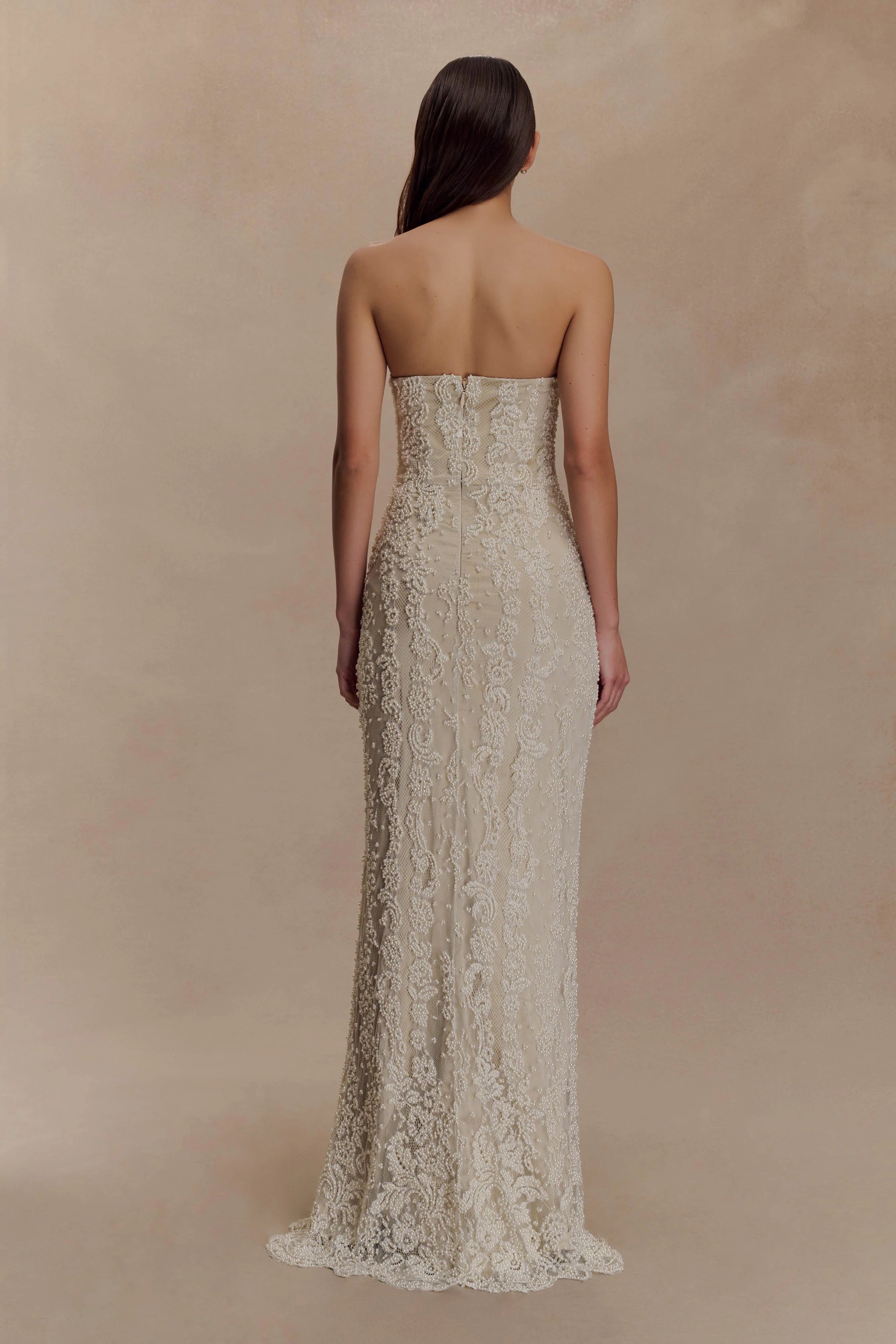 Eva Hand Beaded Pearl & Lace Maxi Dress - White