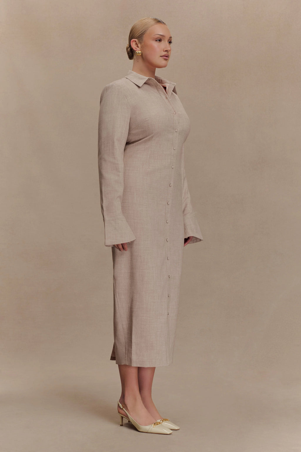 Dorian Fitted Shirt Midi Dress - Wheat Marle