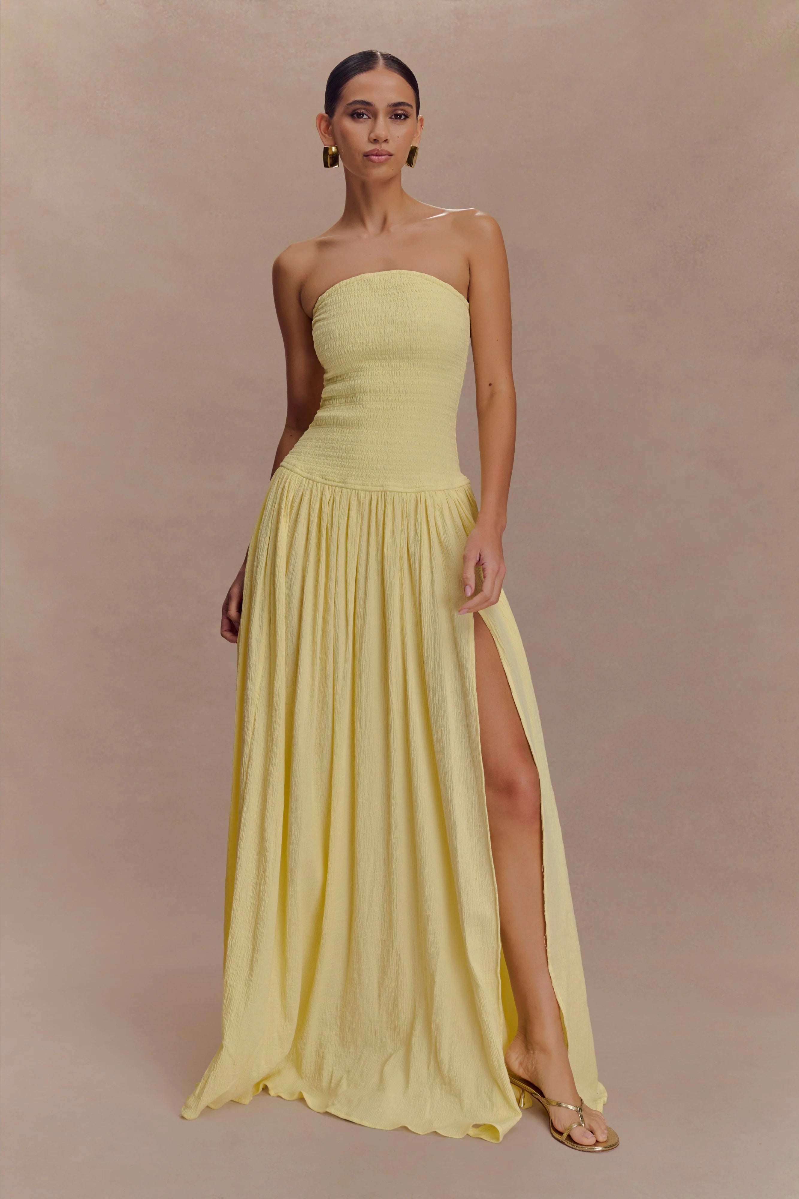 Maureen Cotton Shirring Maxi Dress - Lemon