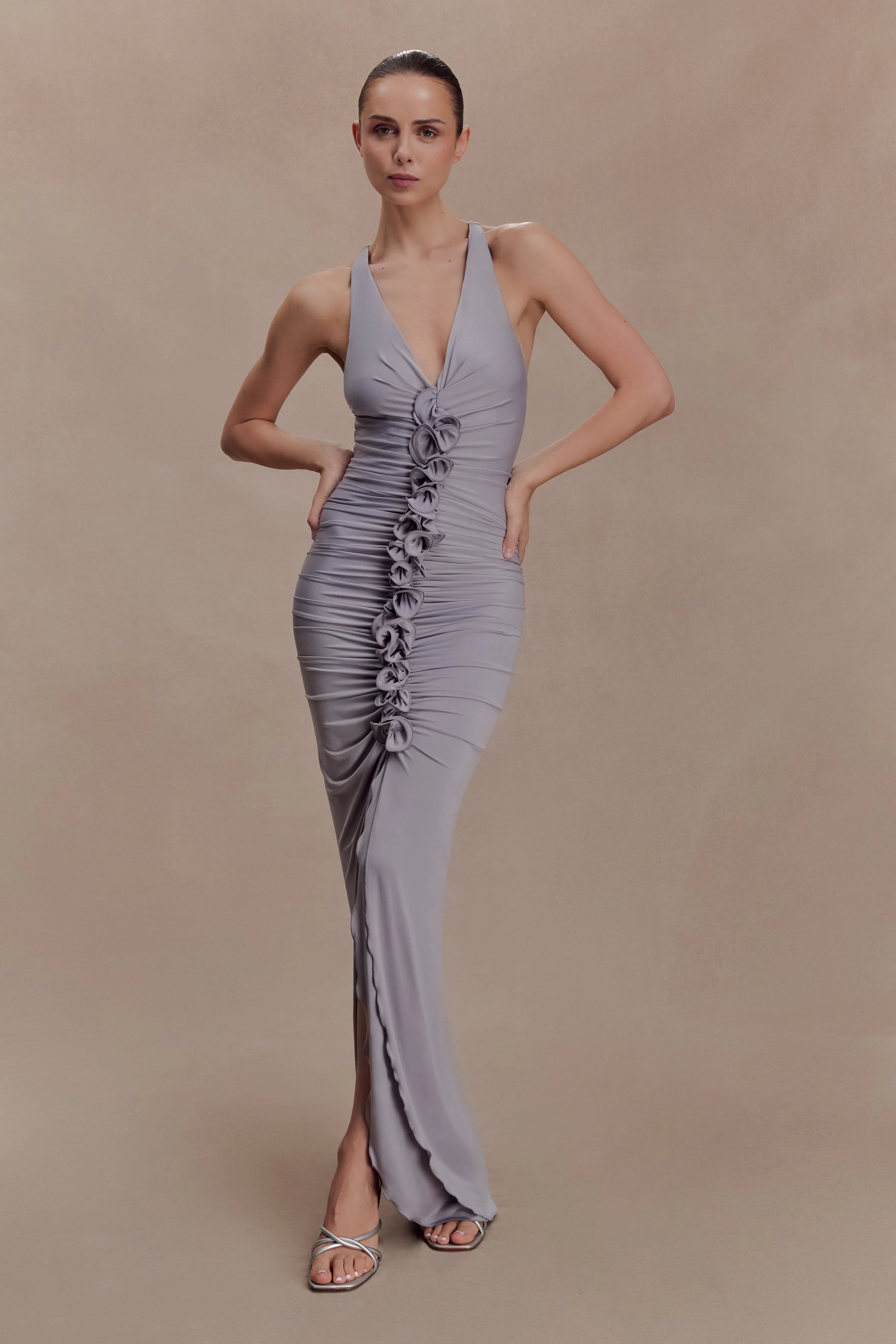 Alessandra Slinky Ruffle Maxi Dress - Grey