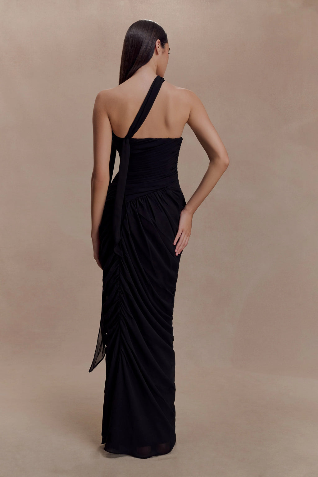 Micaela Chiffon Gathered Maxi Dress - Black