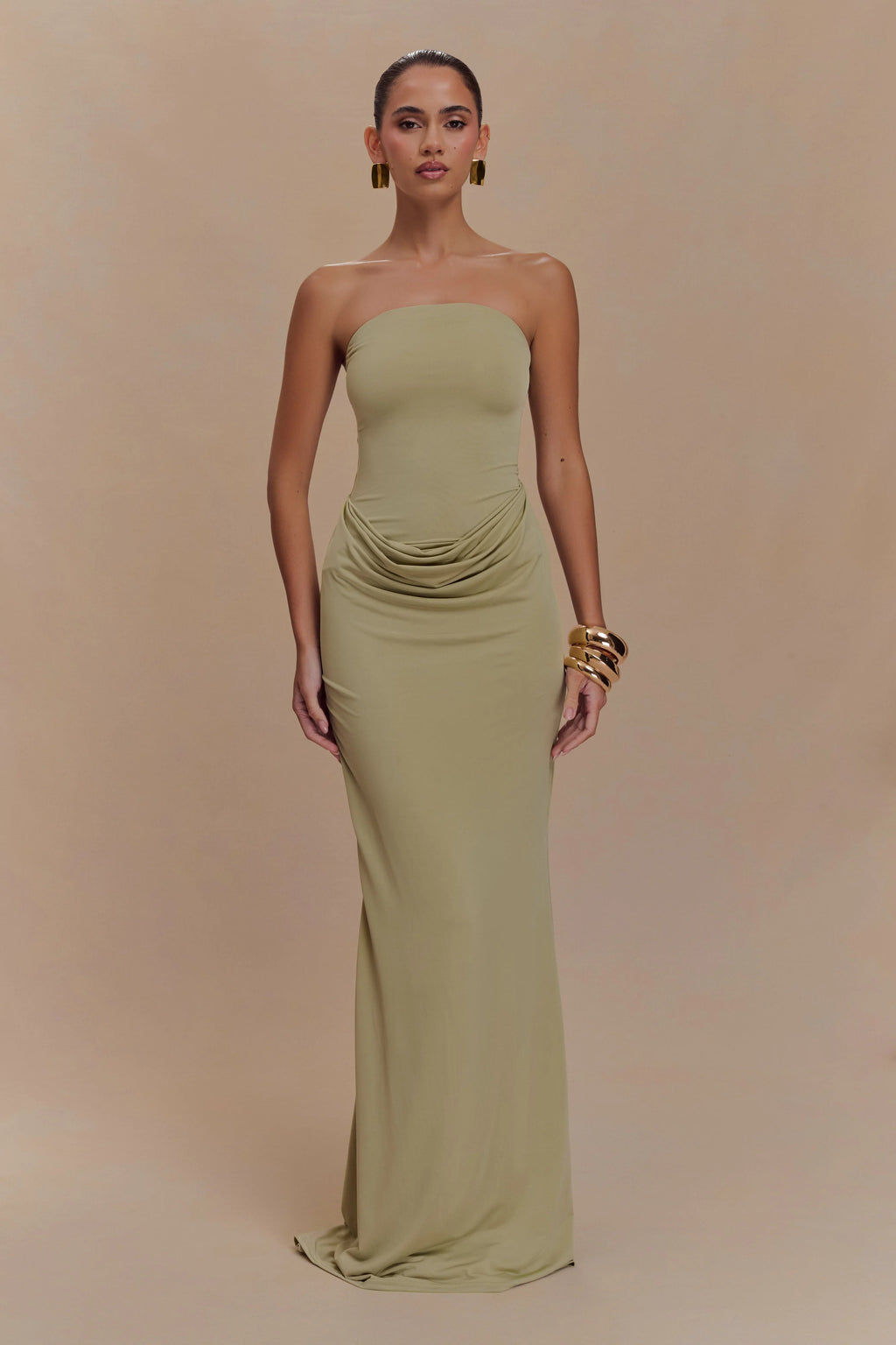 Madison Strapless Slinky Maxi Dress - Sage