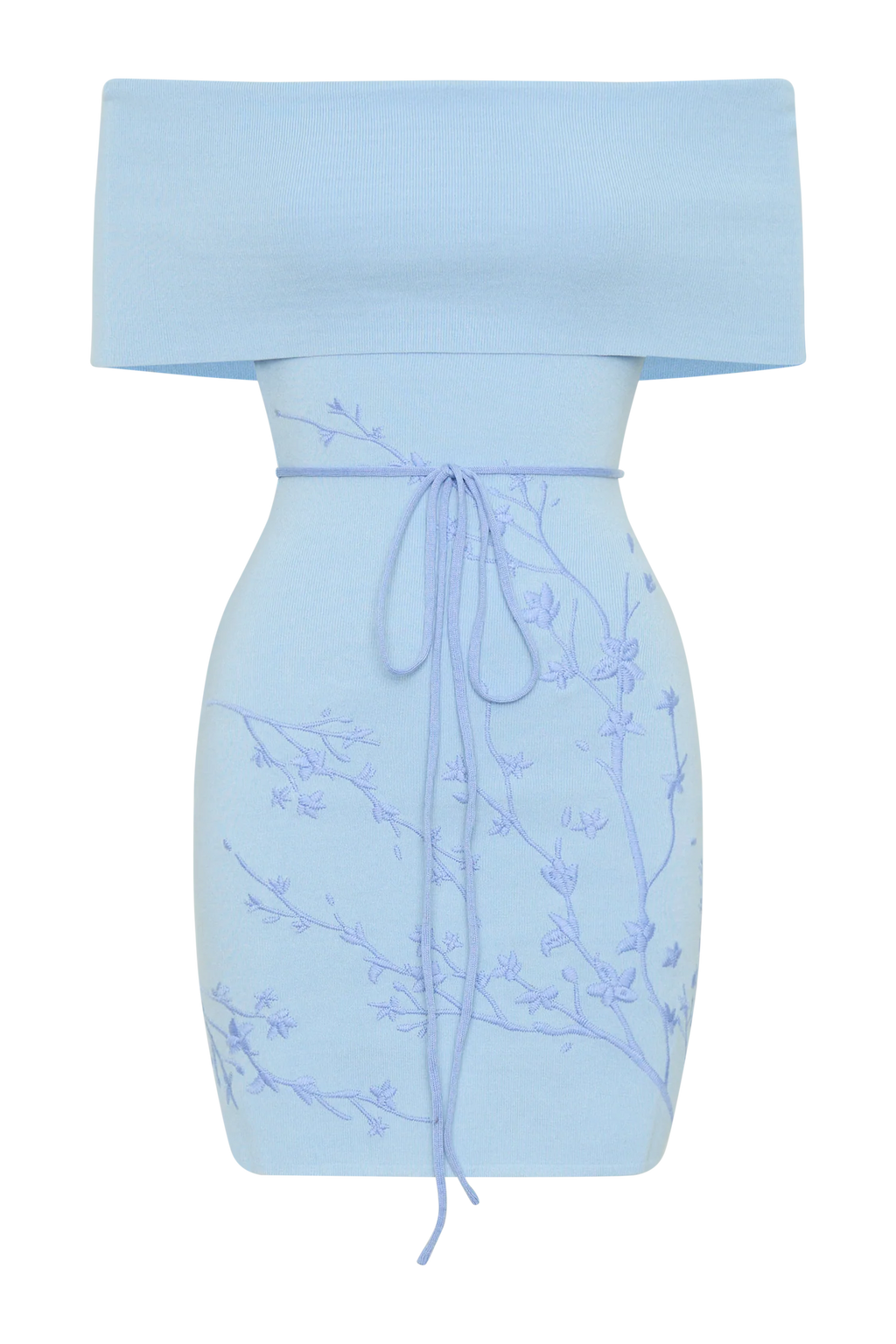 Mallory Off Shoulder Embroidered Knit Mini Dress - Ice Blue