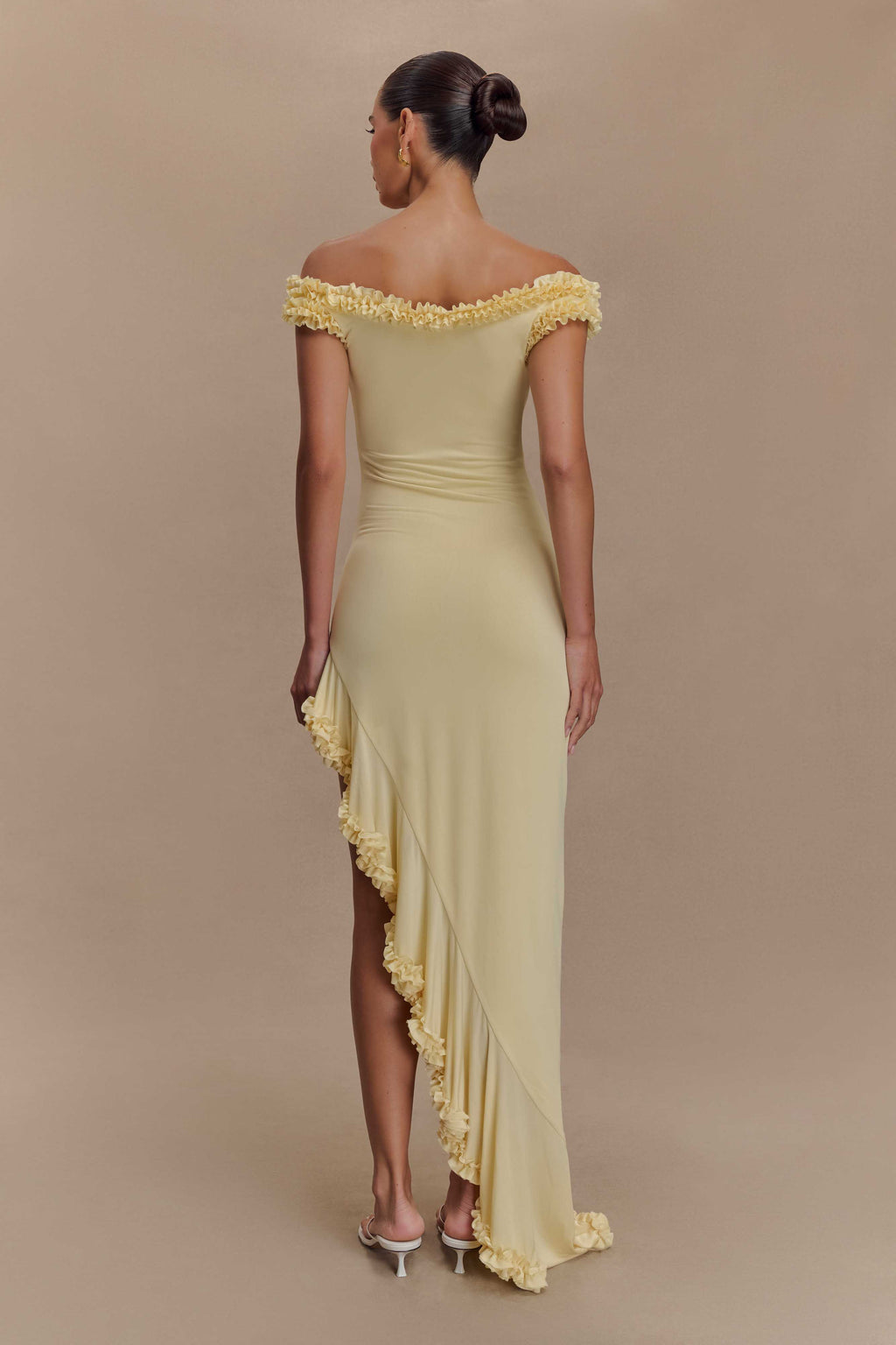Arielle Off Shoulder Ruffle Midi Dress - Pastel Lemon