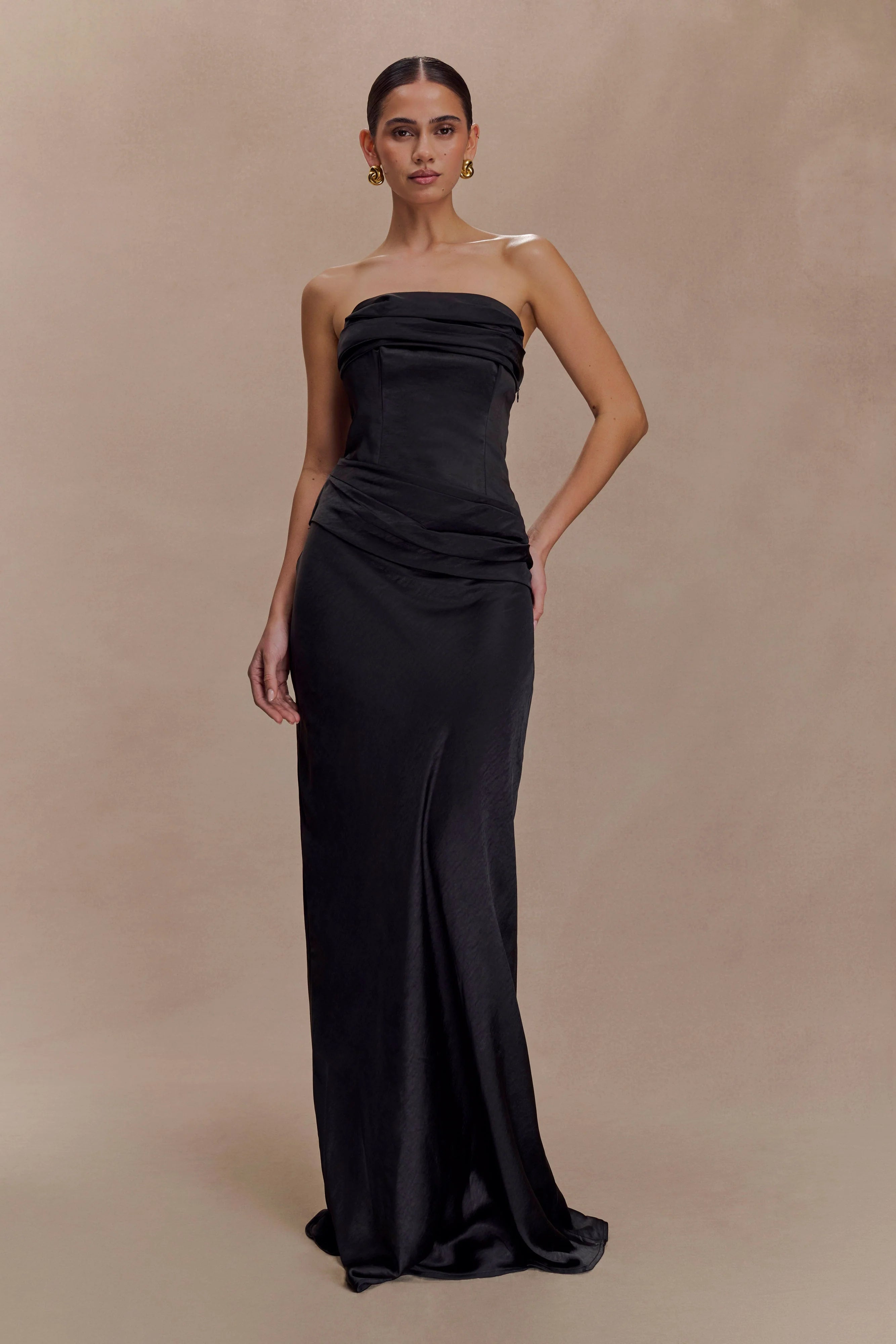 Jasmine Strapless Satin Maxi Dress - Black