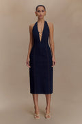 Shauna Denim Halter Midi Dress - Indigo Blue