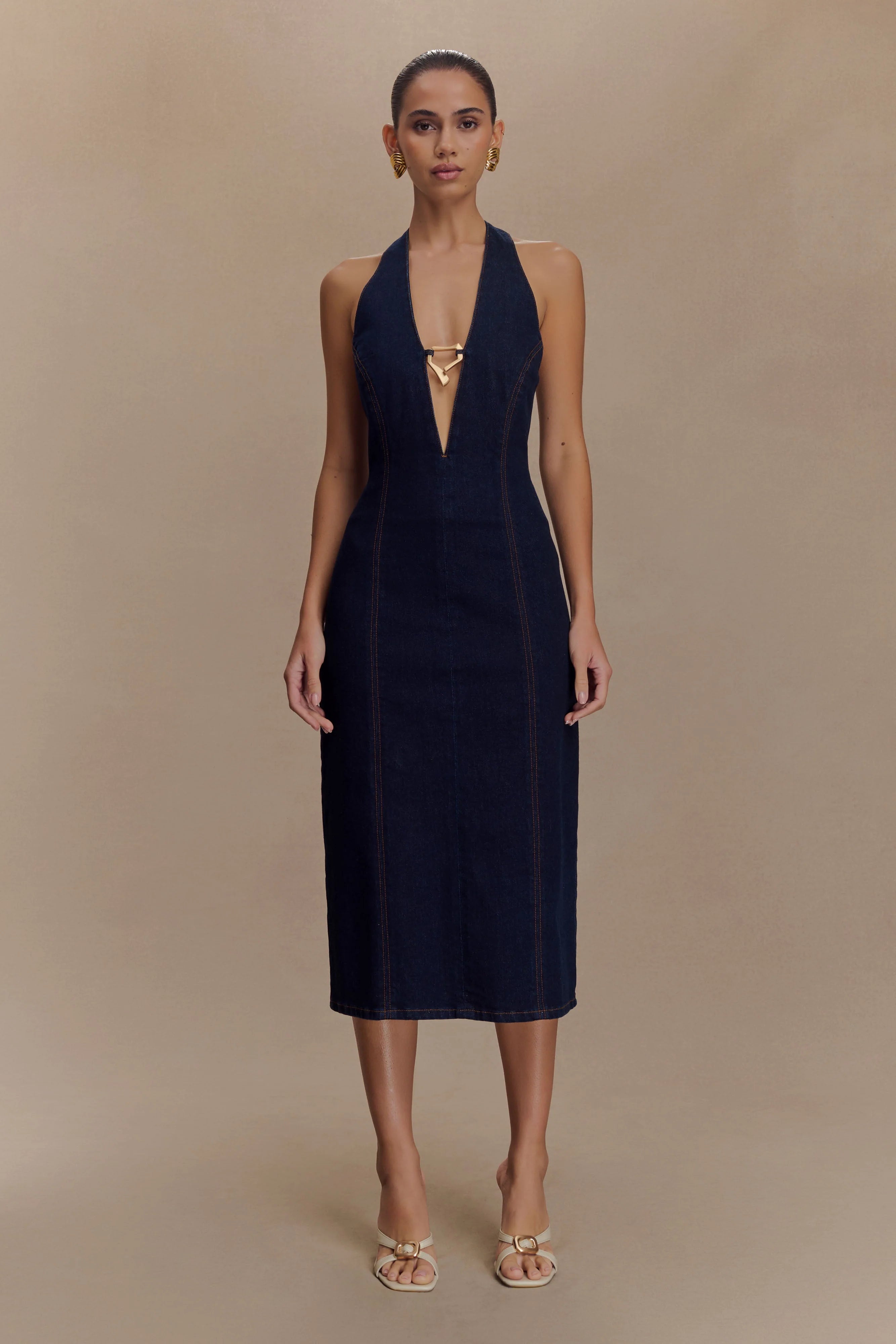 Shauna Denim Halter Midi Dress - Indigo Blue