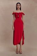 Allegra Off Shoulder Ruffle Midi Dress - Ruby