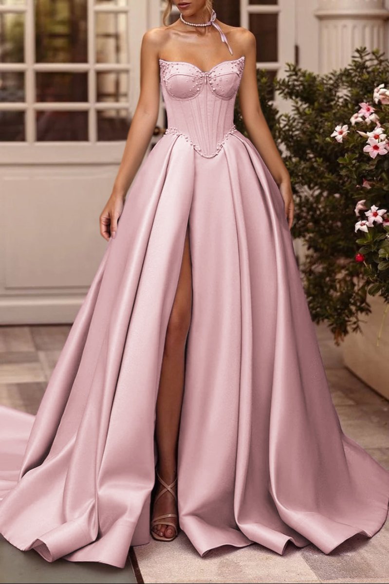 A-Line Lilac Sweetheart Satin Long Corset Prom Dress with Slit (Gloves are not Included) – Prom Dresses by KissProm | Available at KissProm