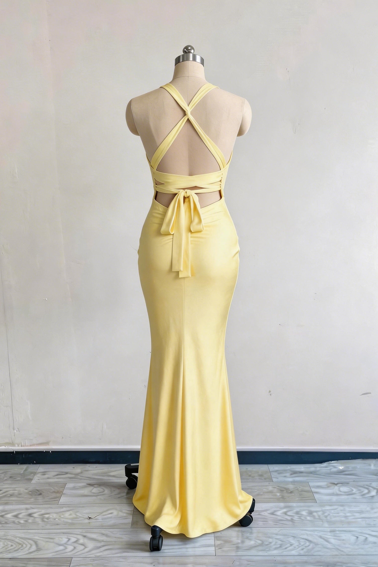 Straps V-Neck Yellow Satin Slit Party Dress