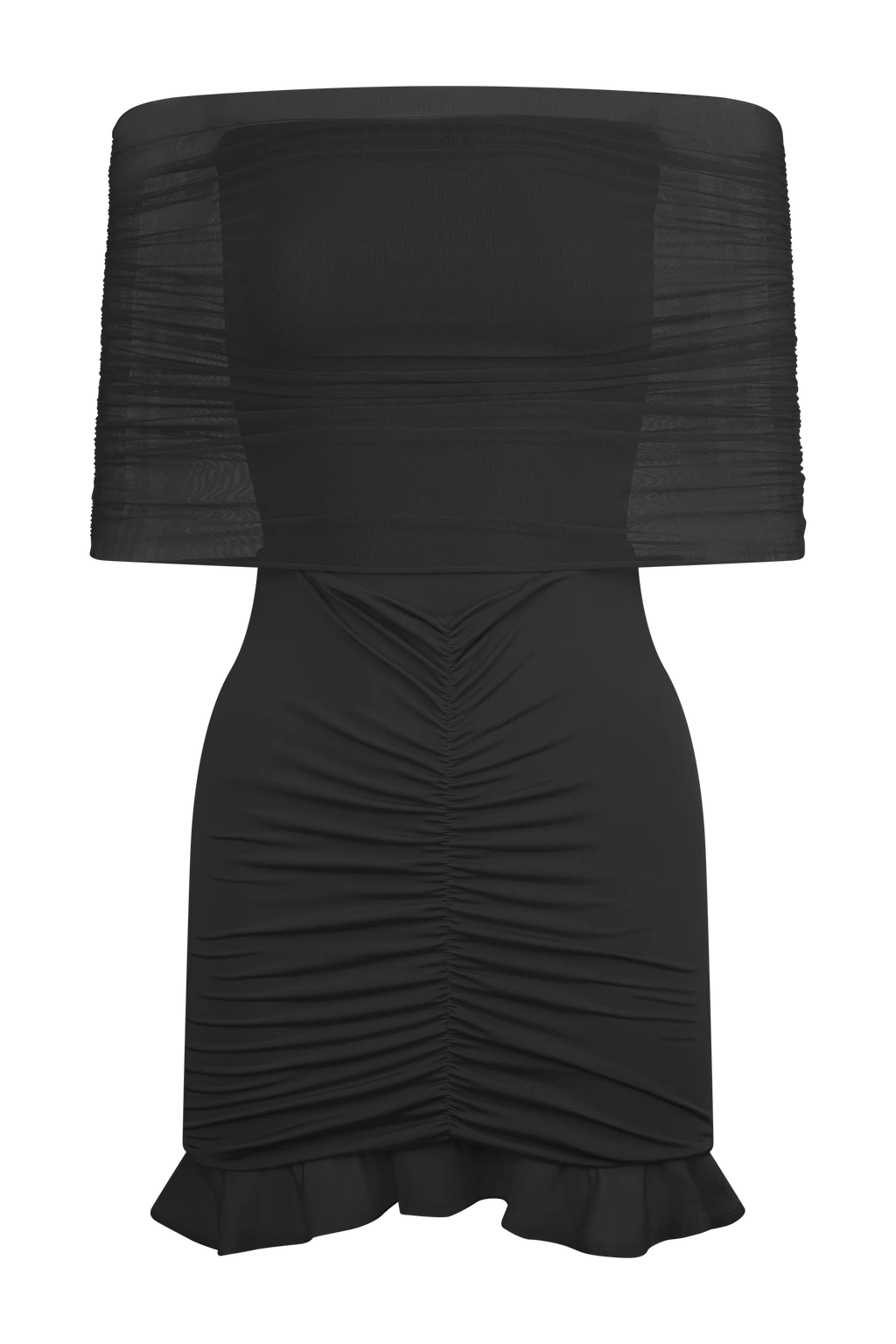Caspian Slinky And Mesh Off Shoulder Mini Dress - Black