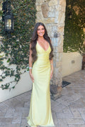 Straps V-Neck Yellow Satin Slit Party Dress