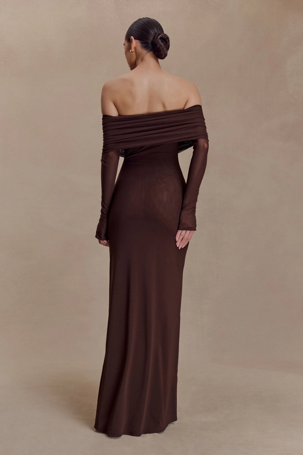 Josie Off Shoulder Mesh Maxi Dress - Dark Brown