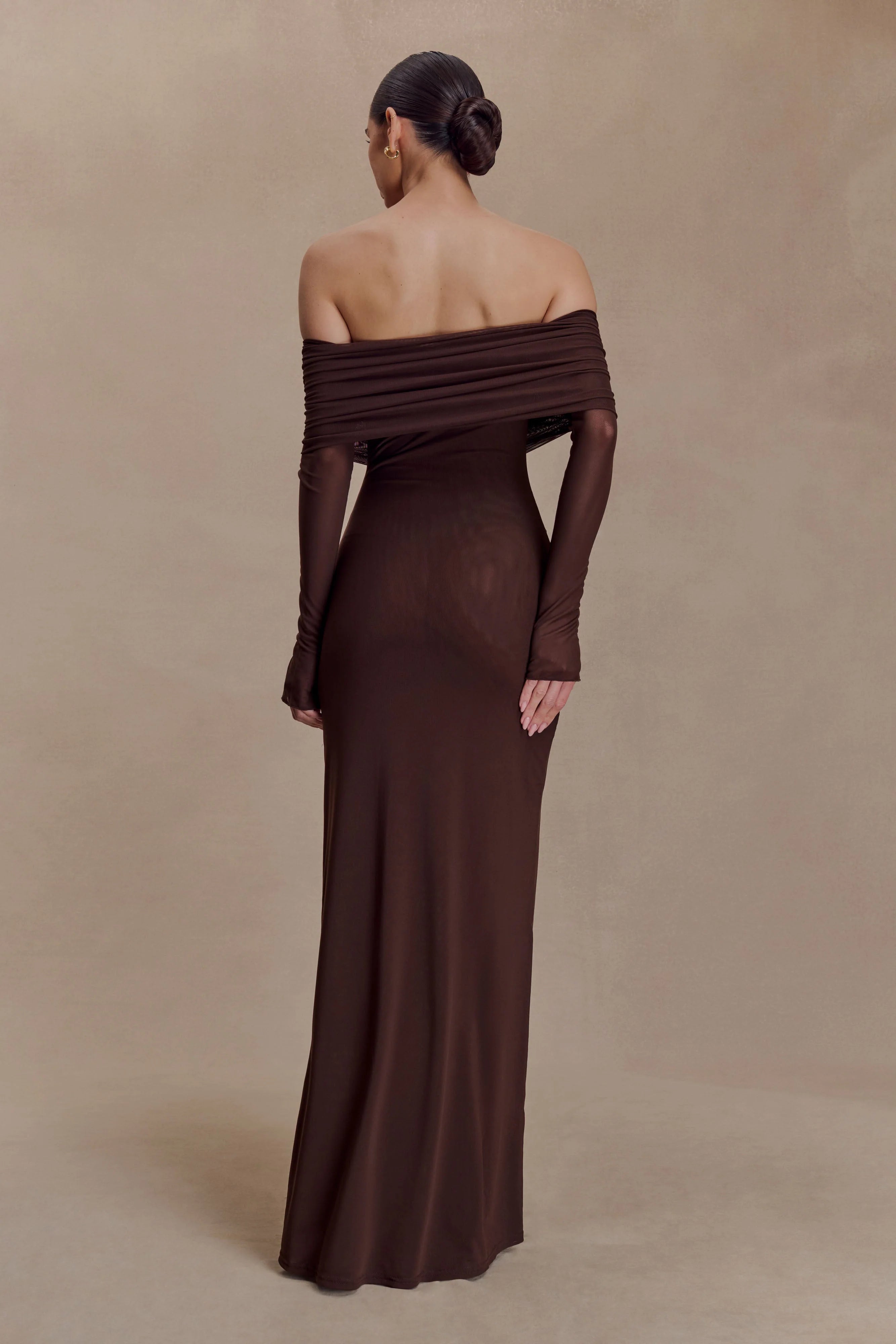 Josie Off Shoulder Mesh Maxi Dress - Dark Brown