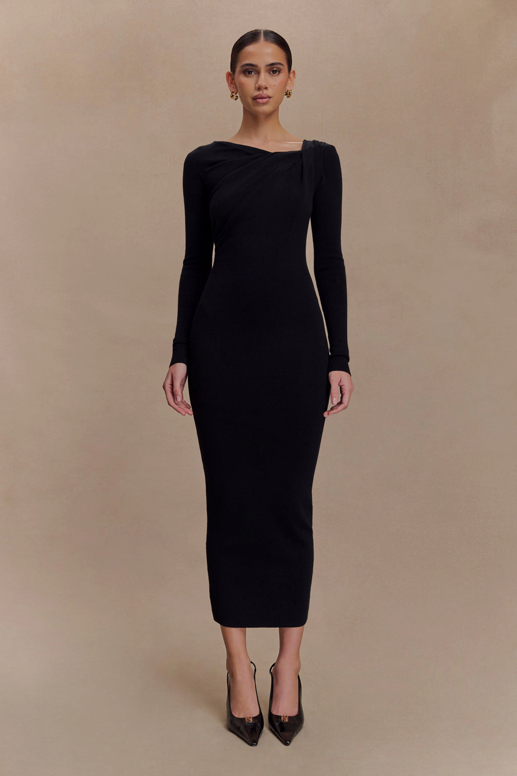 Culver Draped Twist Knit Midi Dress - Black