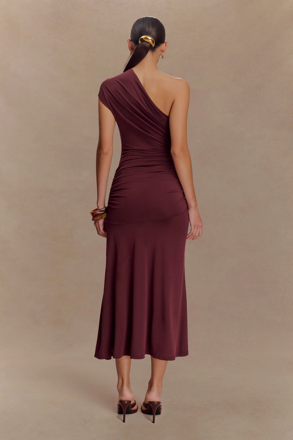 Chloe Peached Jersey One Shoulder Midi Dress - Mahogany