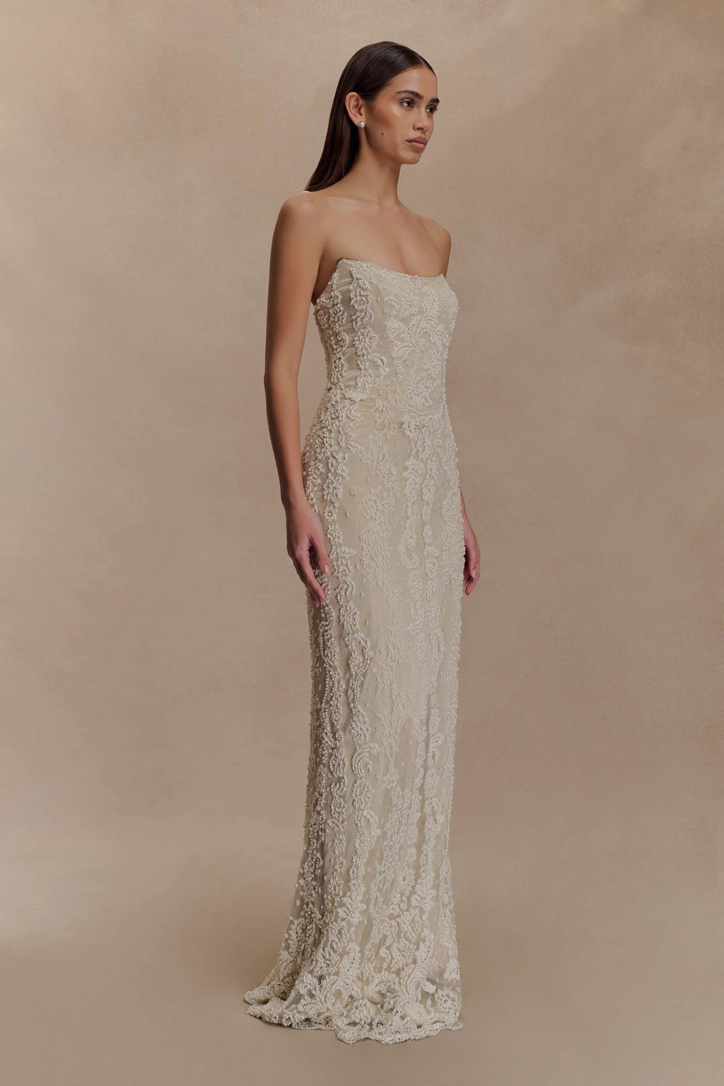 Eva Hand Beaded Pearl & Lace Maxi Dress - White