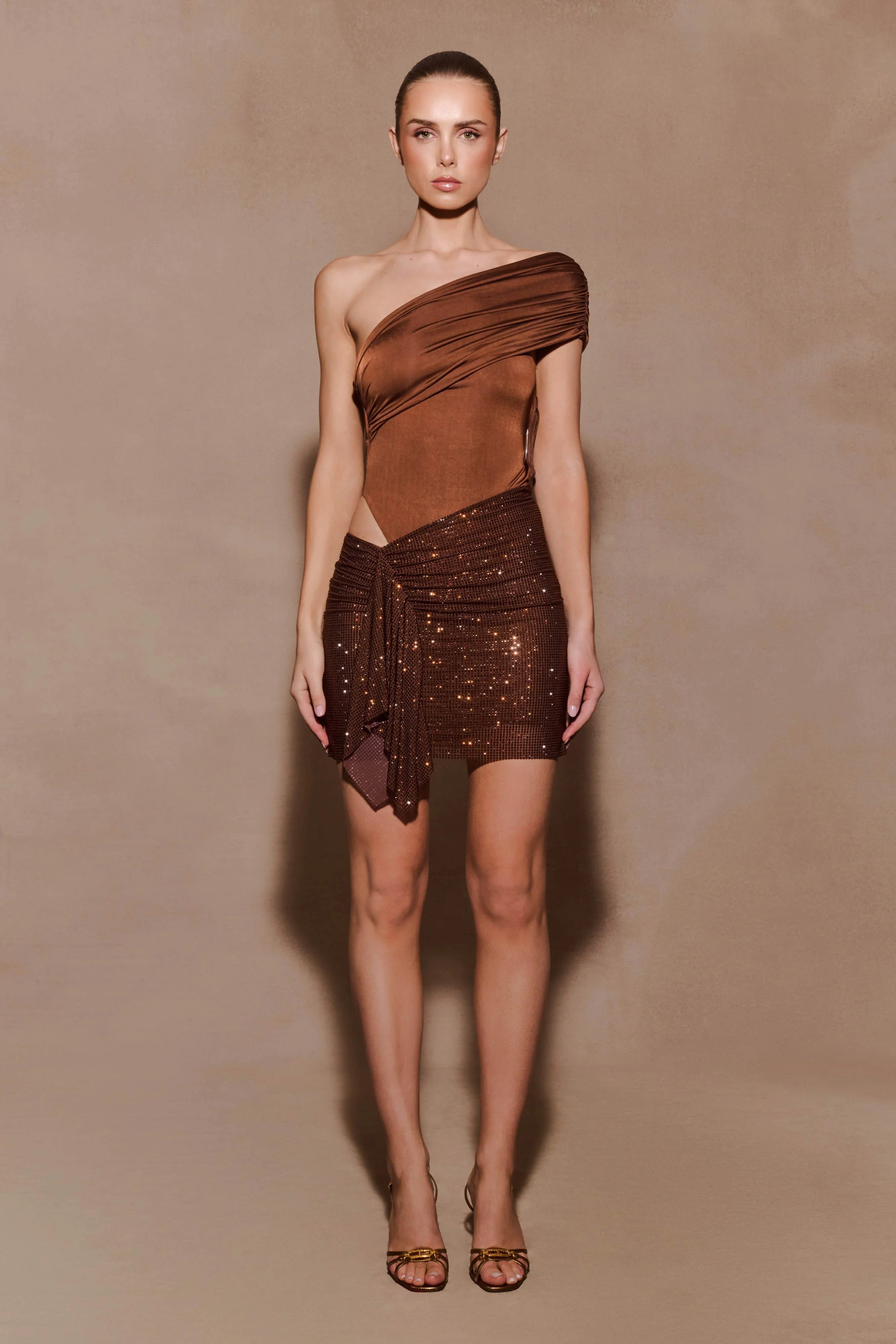 Paisley Slinky And Diamante Mini Dress - Chocolate