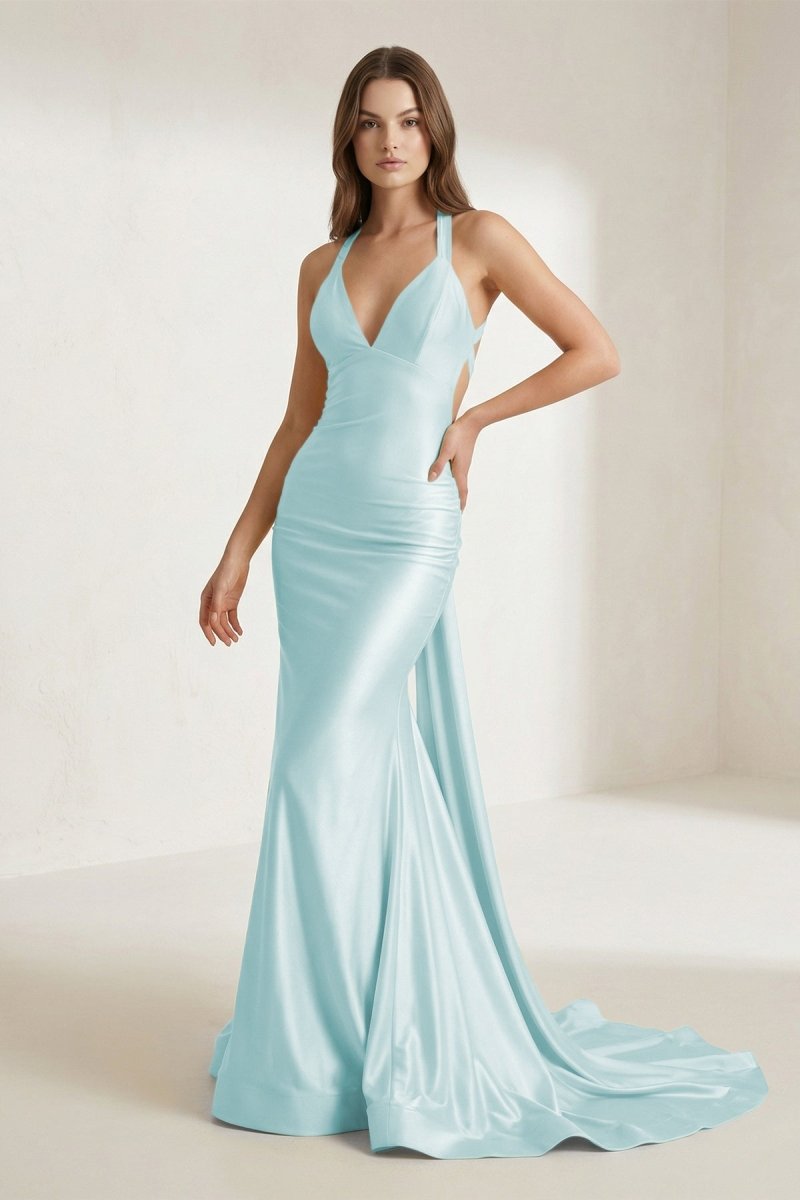 Evraelle | Aqua - V Neck Satin Mermaid Open Back Long Formal Prom Dresses-KissProm