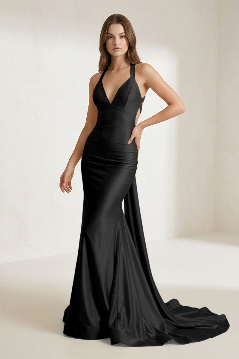 Evraelle | Black - V Neck Satin Mermaid Open Back Long Formal Prom Dresses-KissProm