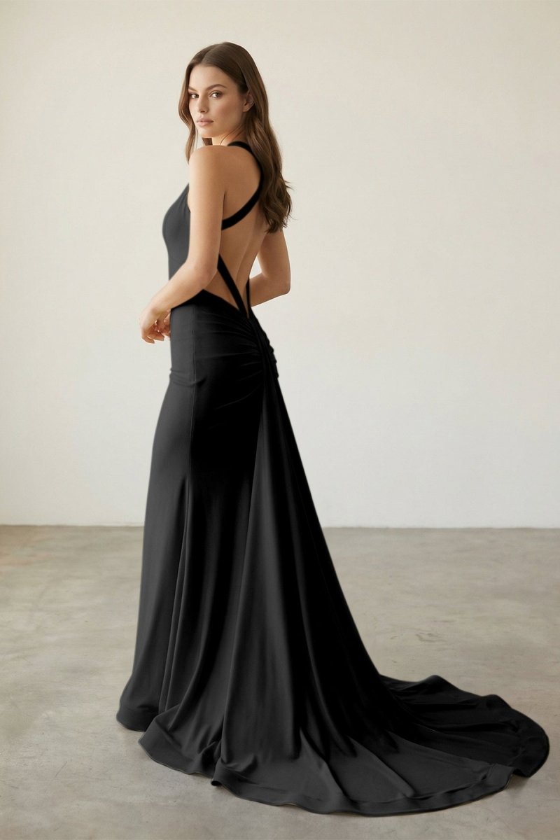 Evraelle | Black - V Neck Satin Mermaid Open Back Long Formal Prom Dresses-KissProm