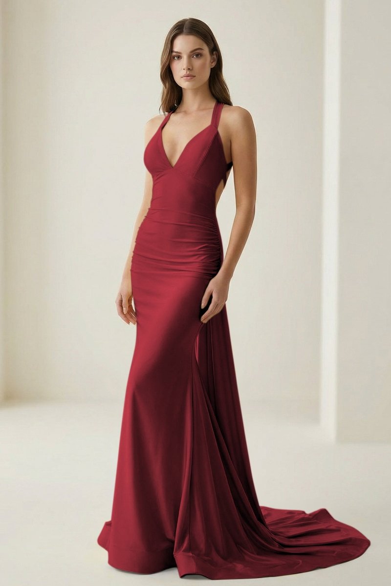 Evraelle | Burgundy - V Neck Satin Mermaid Open Back Long Formal Prom Dresses-KissProm