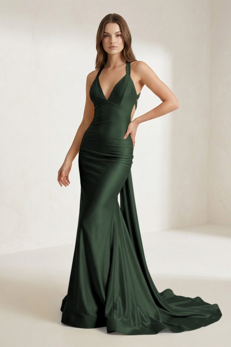 Evraelle | Dark Green - V Neck Satin Mermaid Open Back Long Formal Prom Dresses-KissProm