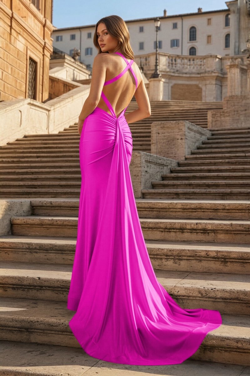 Pink Halter Satin Mermaid Open Back Long Formal Prom Dresses - KissProm