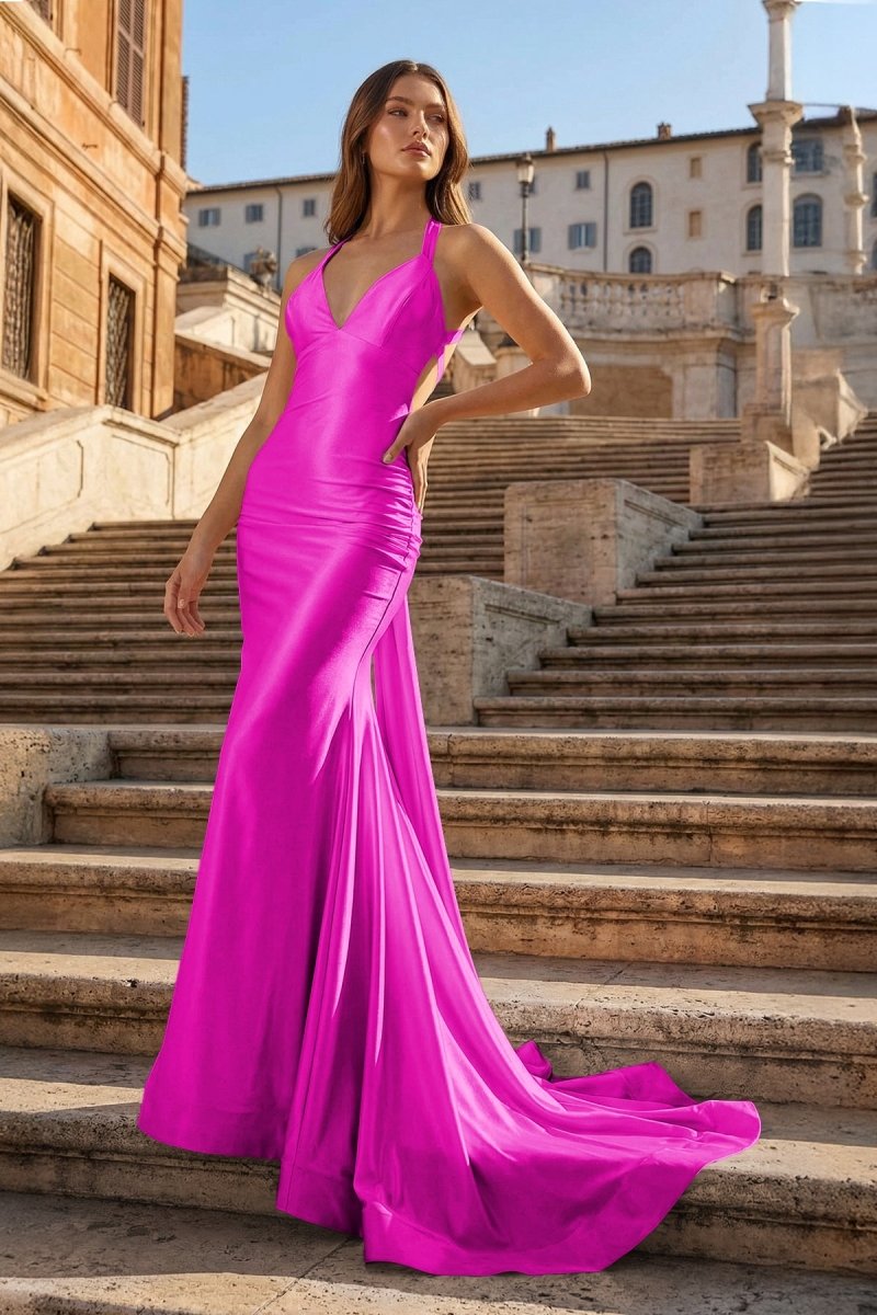 Pink Halter Satin Mermaid Open Back Long Formal Prom Dresses - KissProm