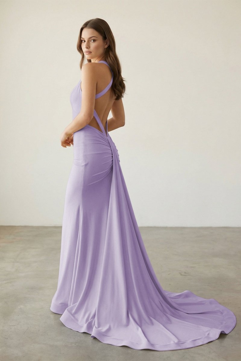 Evraelle | Lavender - V Neck Satin Mermaid Open Back Long Formal Prom Dresses-KissProm