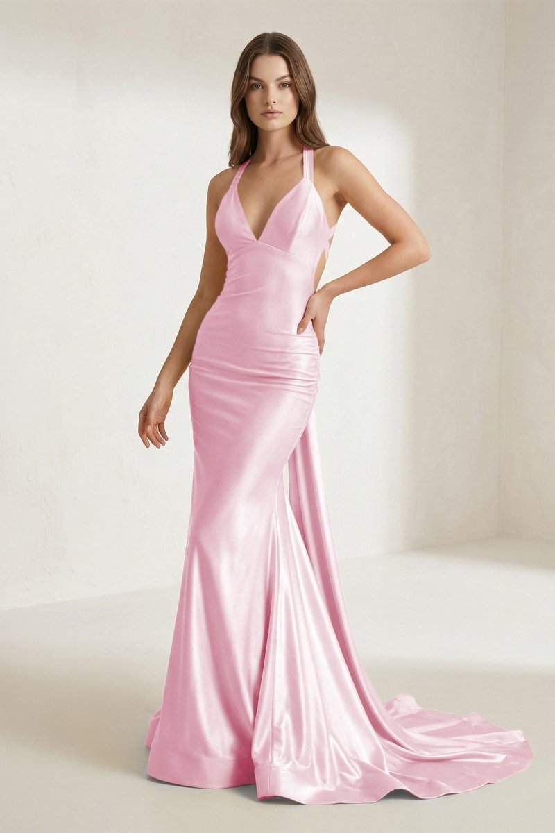 Pink Halter Satin Mermaid Open Back Long Formal Prom Dresses - KissProm