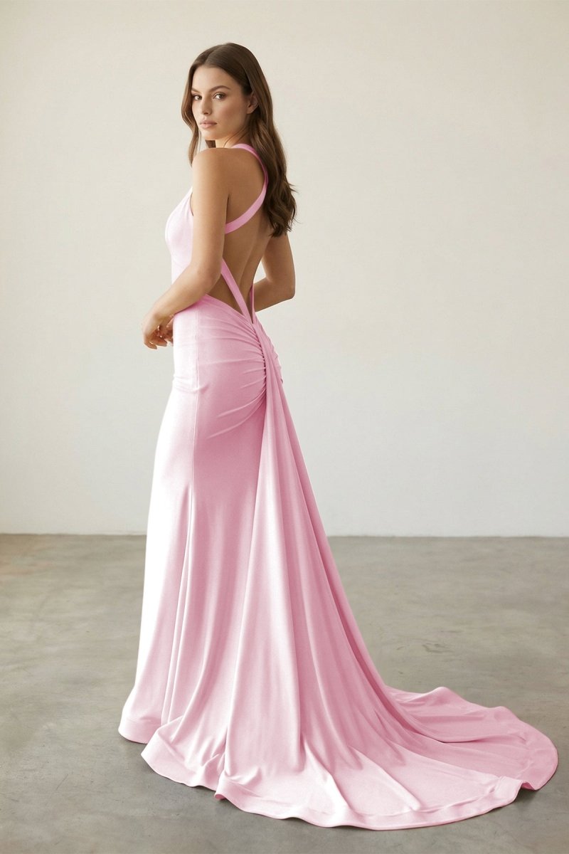 Pink Halter Satin Mermaid Open Back Long Formal Prom Dresses - KissProm