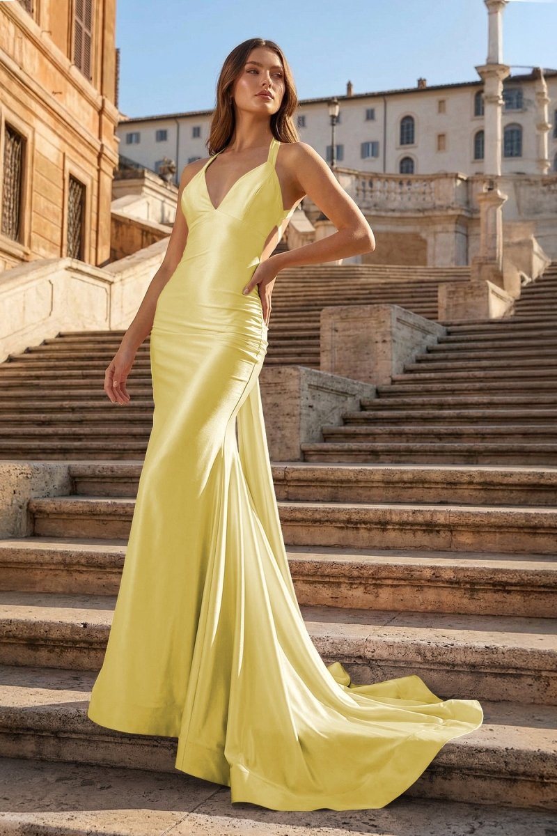 Pink Halter Satin Mermaid Open Back Long Formal Prom Dresses - KissProm