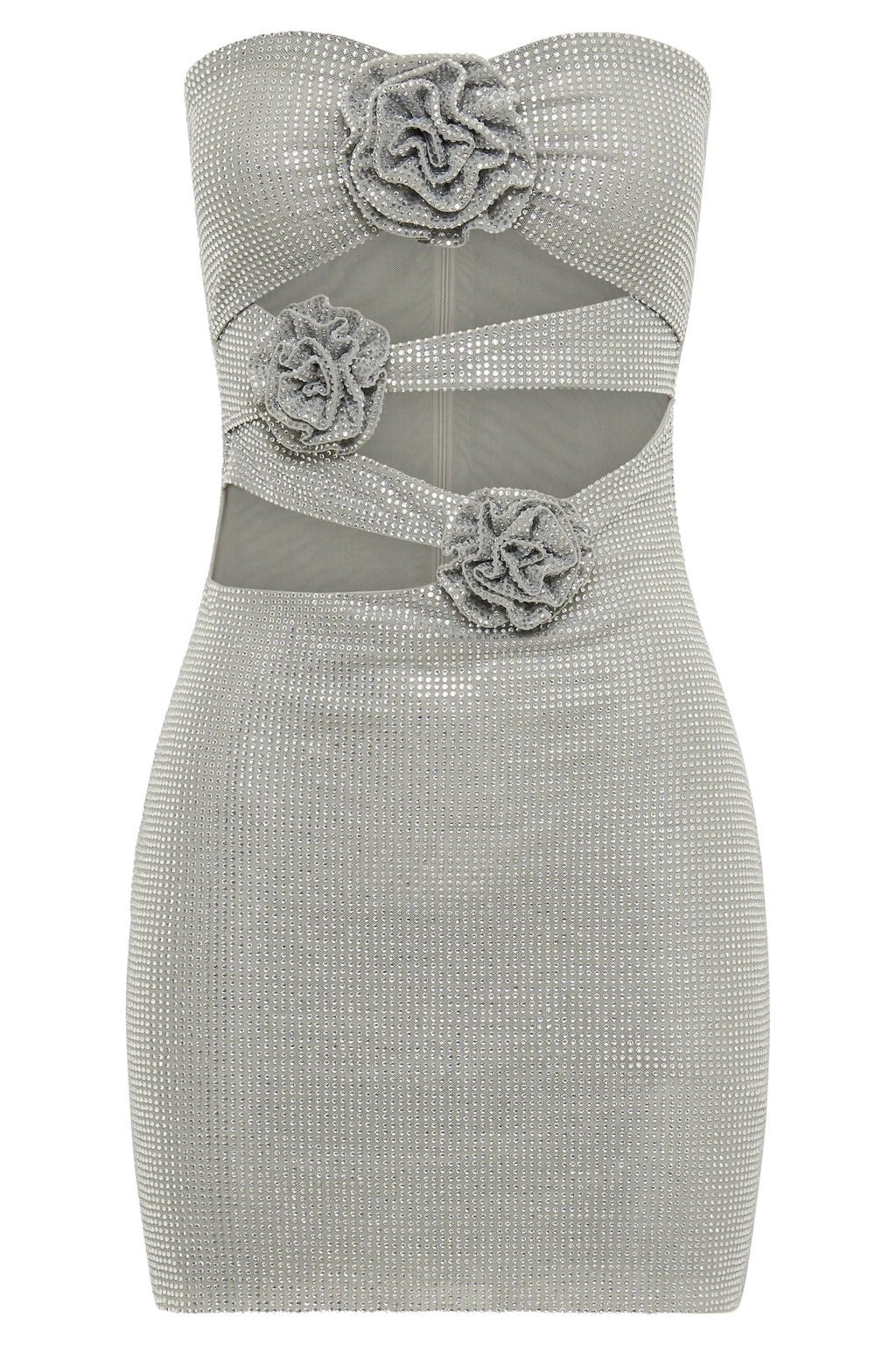 Korinna Strapless Rose Diamante Mini Dress - Silver