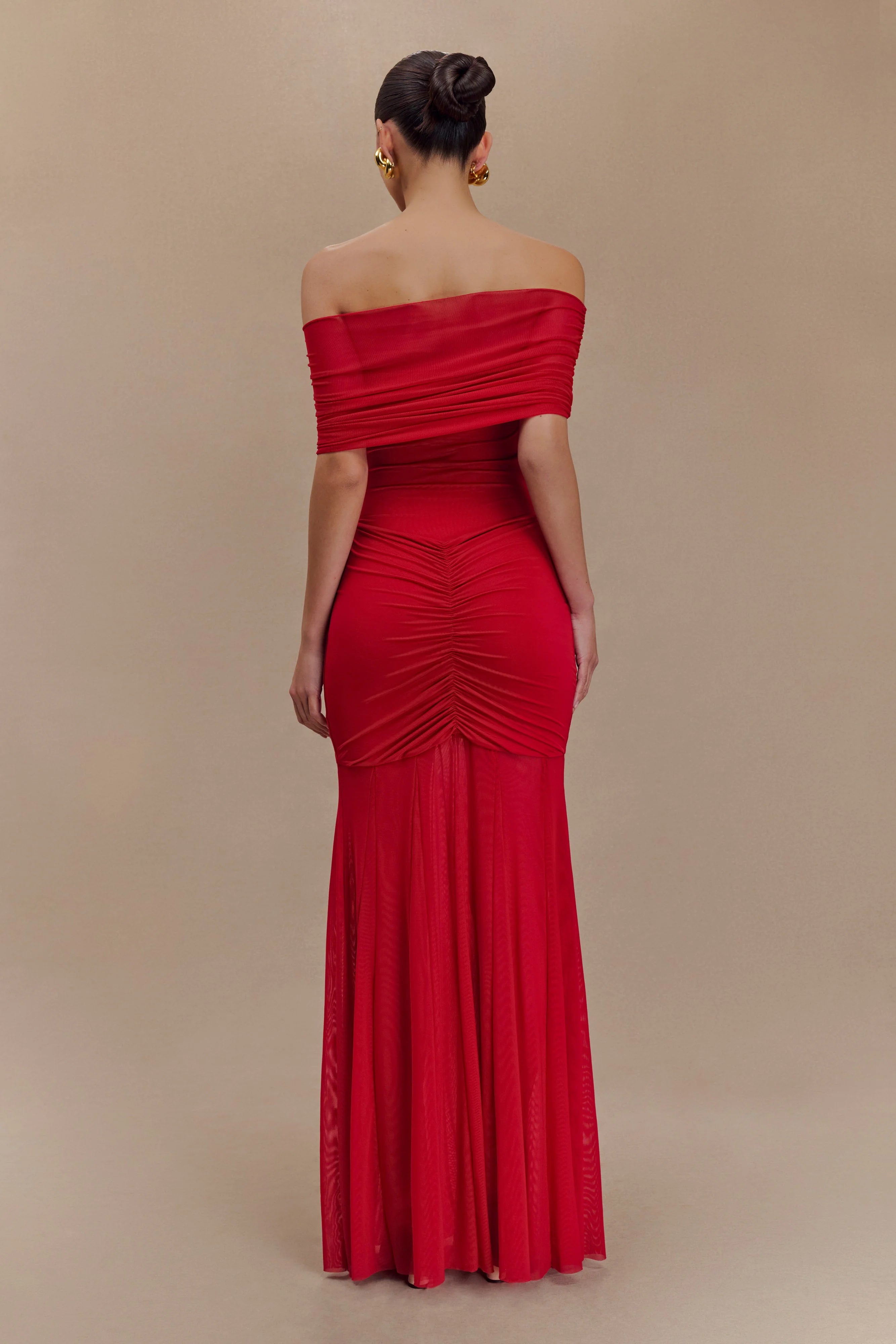 Caspian Slinky And Mesh Off Shoulder Maxi Dress - Ruby