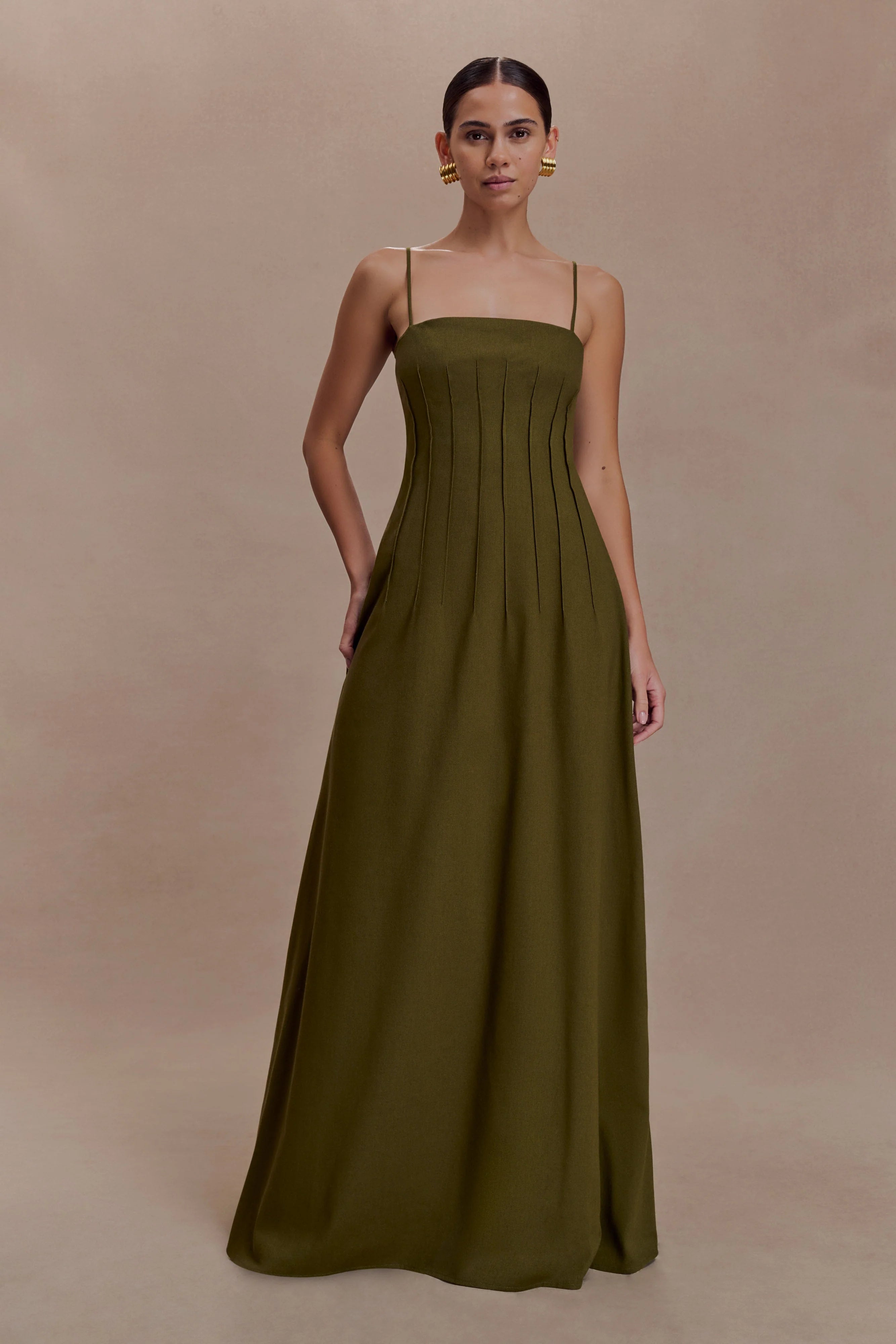 Sofie Pintuck Linen Maxi Dress - Khaki