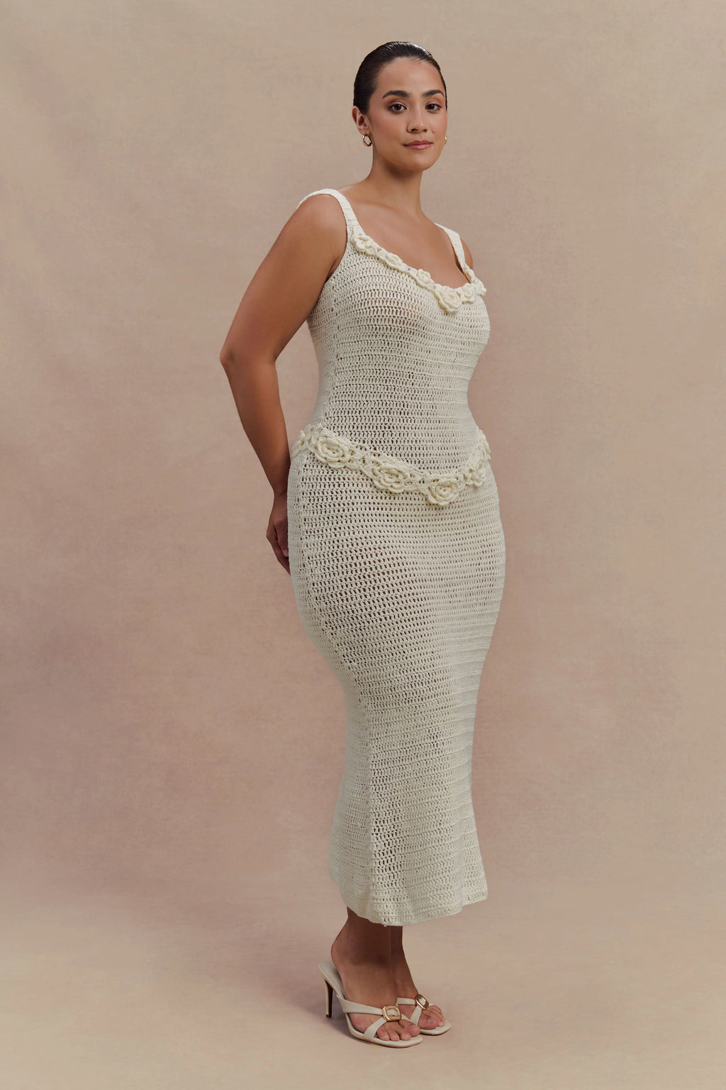 Teagan Floral Hand Crochet Midi Dress - Ivory