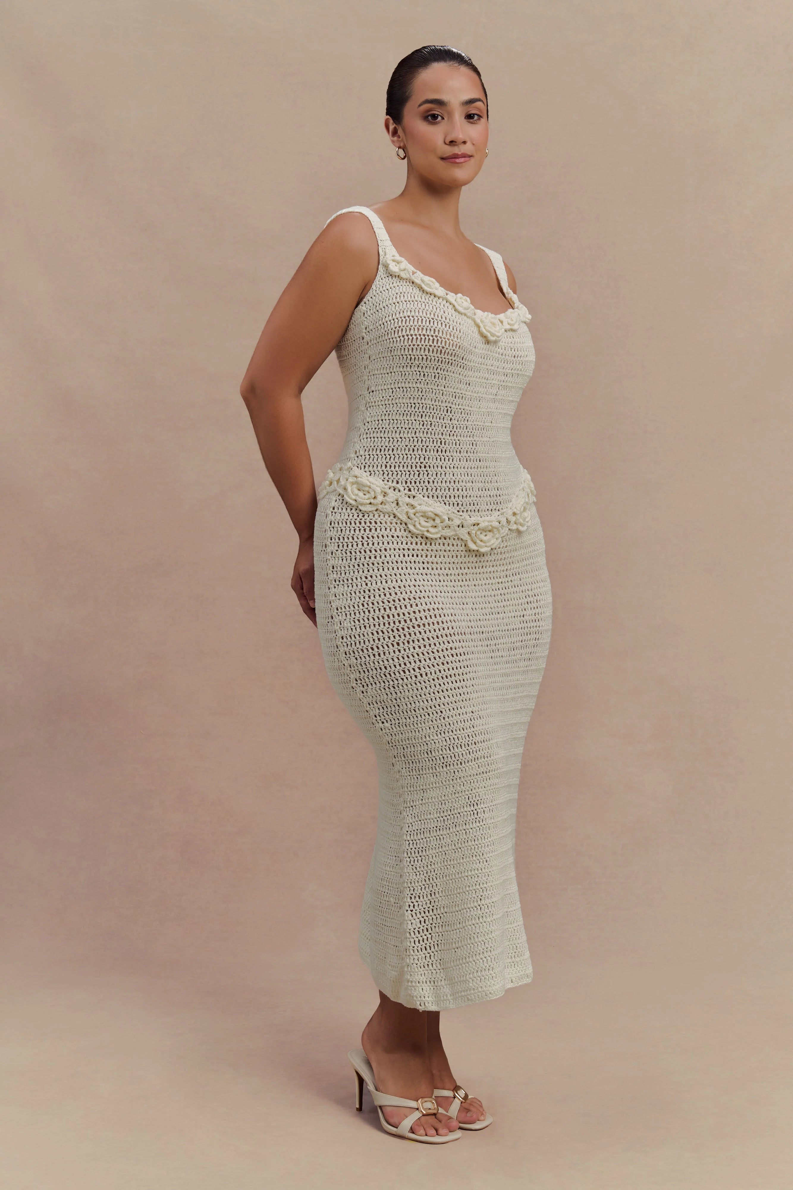 Teagan Floral Hand Crochet Midi Dress - Ivory