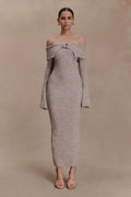 Baxter Off Shoulder Fluffy Knit Midi Dress - Taupe Marle